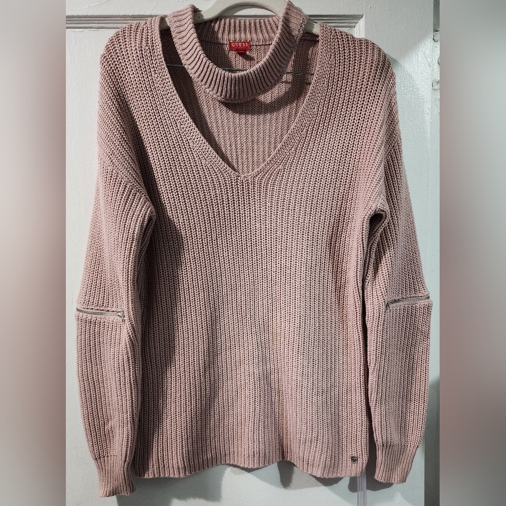 Guess Pink Knit Cutout Choker V-Neck Sweater in size:S